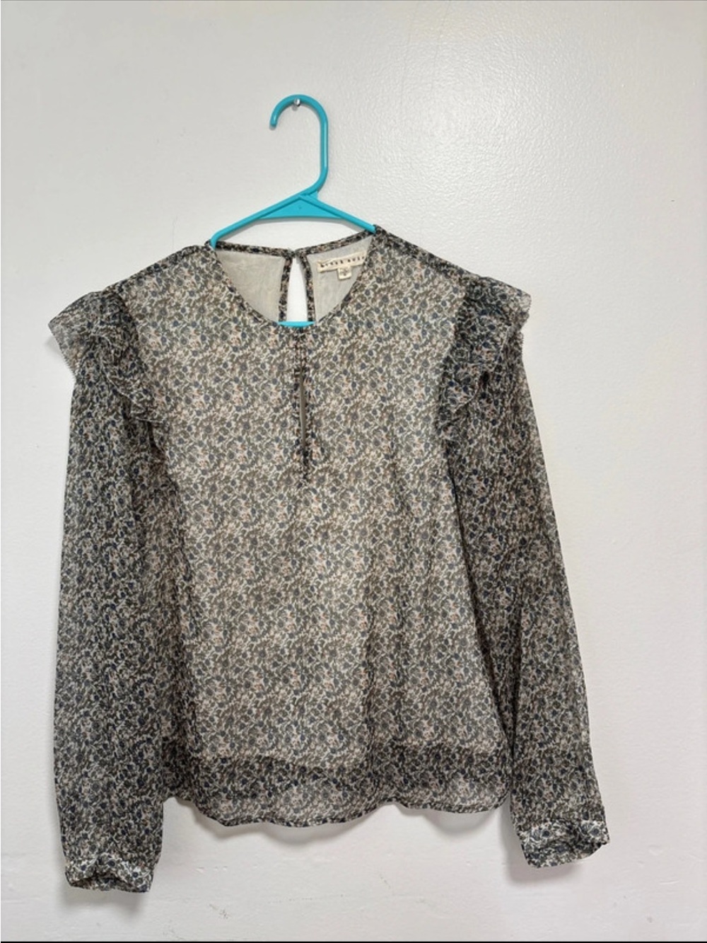 Sheer Floral Ruffle-Shoulder Blouse - Black/Gray